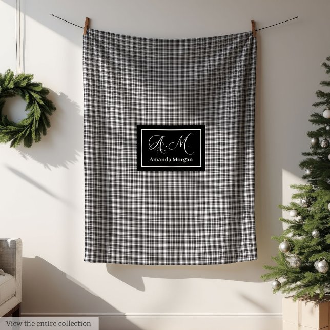 Polaire Couverture à plaid buffalo noir et blanc avec mono (Custom Monogram Black & White Buffalo Plaid Blanket)