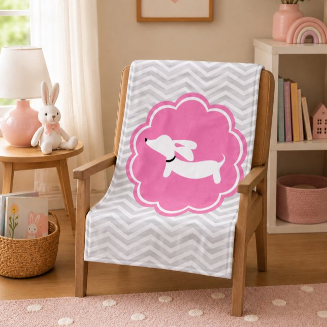 Polaire Couverture bébé chien viennois gris et rose Dachsh (Gray & Pink Wiener Dog Dachshund Baby Blanket)