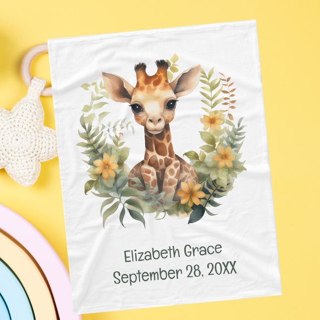 Polaire Couverture bébé girafeau naissance Fleur de jungle (Birth Stats Baby Giraffe Baby Blanket. Add babies name and birthday. Baby Shower gift, New baby gift)