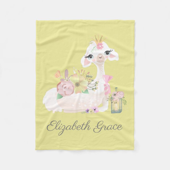 Polaire Couverture bébé lama jaune et blanc avec fleurs (Devant)