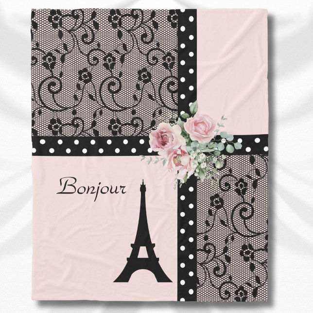 Polaire Couverture Bonjour à pois rose chic Paris (Pink Chic Polka Dot Paris Bonjour Blanket)