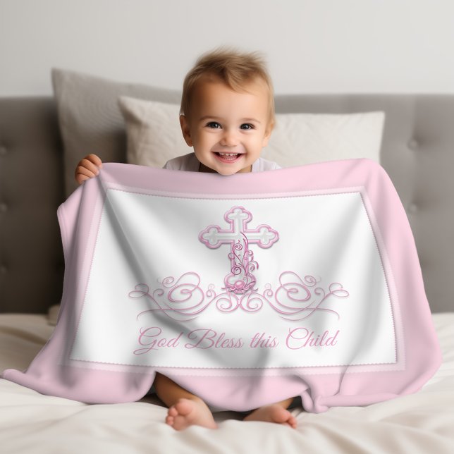 Polaire Couverture de baptême pour bébé fille Croix Rose (Pink cross christening and baptism baby blanket. Personalize with your text or leave as is.)