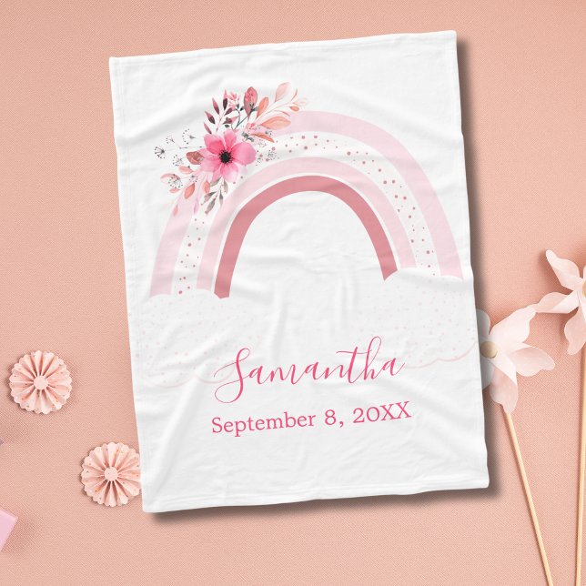 Polaire Couverture de bébé cadeau bohème rose fleurs flora (Pink Boho Rainbow with Flowers Baby Shower Gift for New born baby girl Baby Blanket)