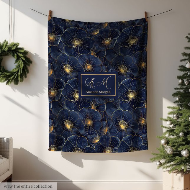 Polaire Couverture de luxe à monogramme doré et fleurs de  (Navy Gold Monogram Blanket Chic Floral Decor)