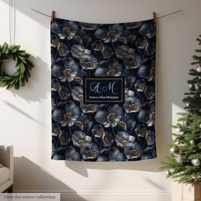 Polaire Couverture de luxe florale or marine avec monogram (Navy Gold Floral Throw Elegant Monogram Blanket)