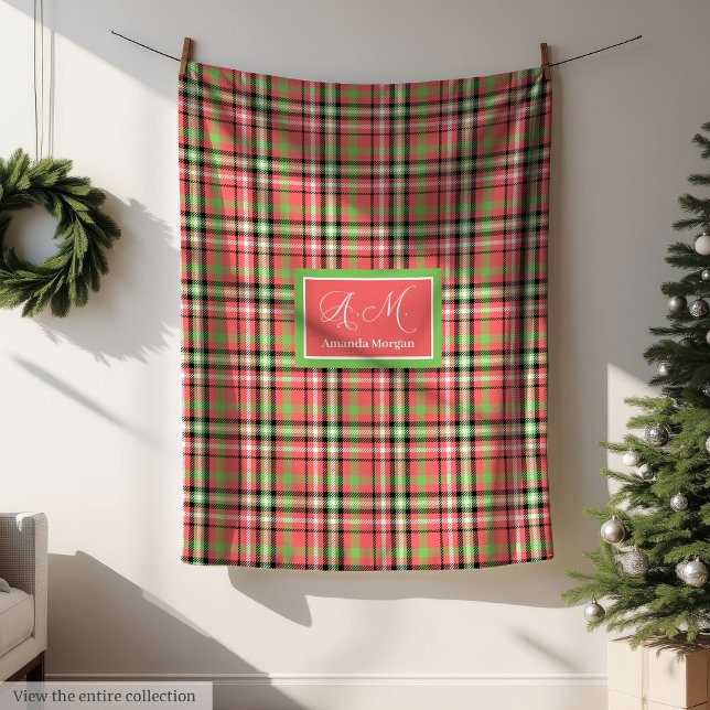 Polaire Couverture de Noël à monogramme avec accent tartan (Monogram Christmas Blanket Classic Tartan Accent)