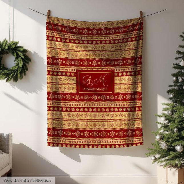 Polaire Couverture de Noël élégante à accent rouge et or (Personalized Throw Blanket Red Gold Luxe Christmas)