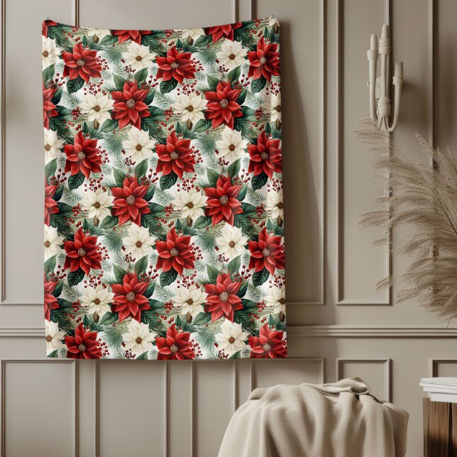 Polaire Couverture de Noël florale rouge pour accent de fê (Holiday Floral Blanket Cozy Red Christmas Accent)