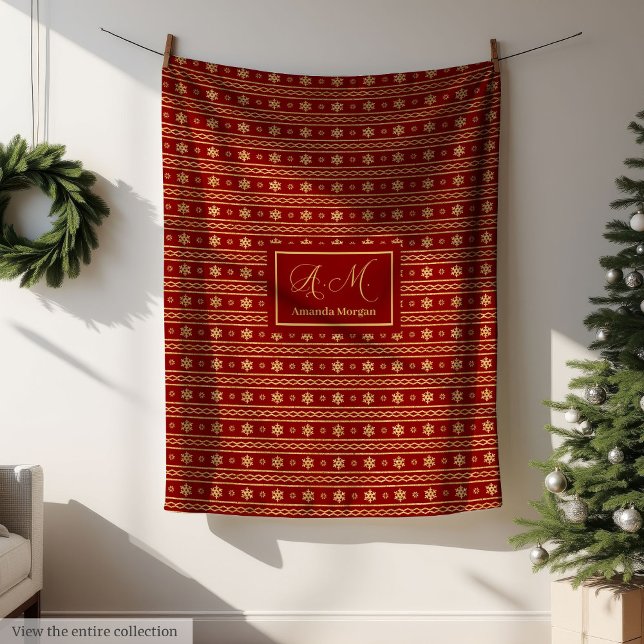 Polaire Couverture de Noël moderne rouge et or monogramme (Modern Christmas Blanket Red and Gold Monogram)