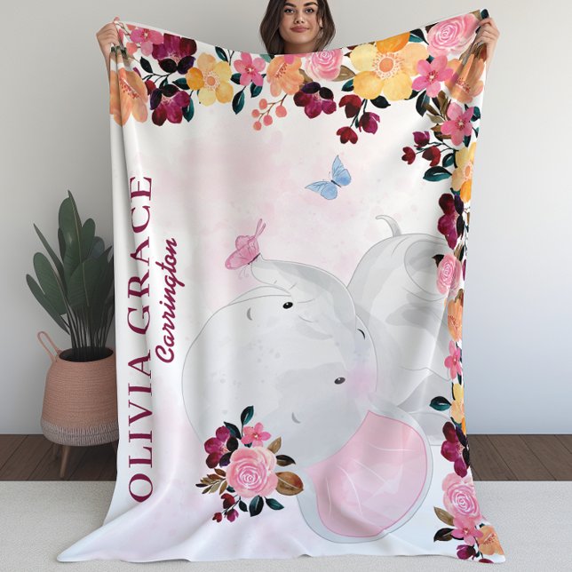Polaire Couverture de nom personnalisée avec éléphant + Fl (Personalized Name Blanket with Elephant + Flowers (L))