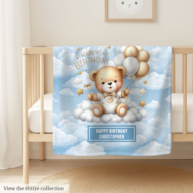 Polaire couverture de premier anniversaire personnalisée a (Personalized first birthday blanket with teddy art)