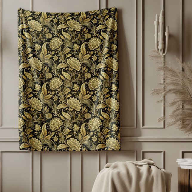 Polaire Couverture décorative riche en or et en Damas noir (Rich Gold and Black Damask Decorative Blanket)