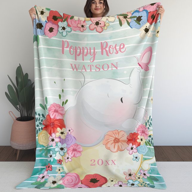 Polaire Couverture éléphante avec fleurs + Nom personnalis (Elephant Blanket with Flowers + Custom Name (L))