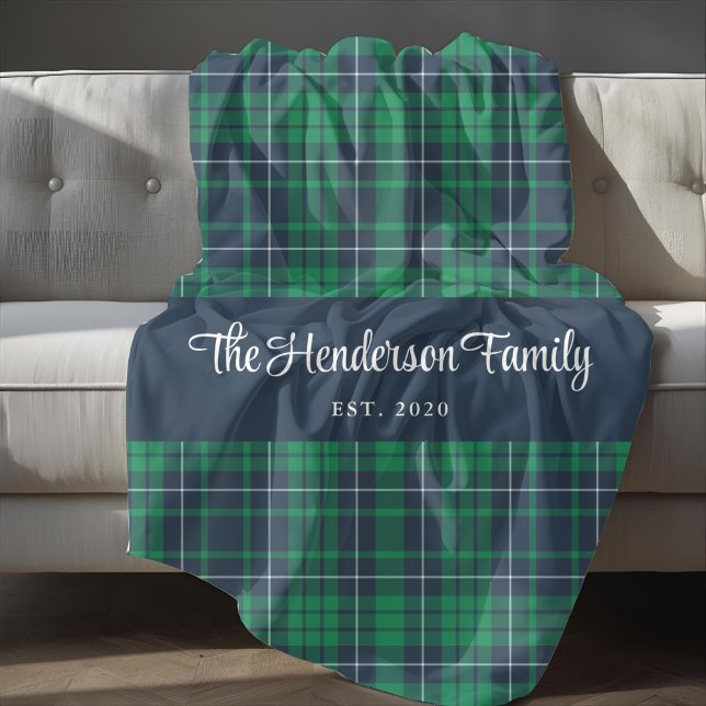 Polaire Couverture en molleton à carreaux verts avec nom d (Green Plaid Custom Family Name Fleece Blanket)