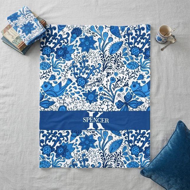 Polaire Couverture en molleton à monogramme bleu et blanc  (Créateur téléchargé)