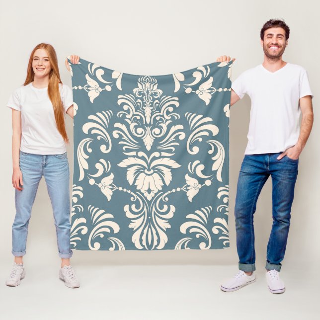 Polaire Couverture en molleton bleu et blanc Damas (En situation)