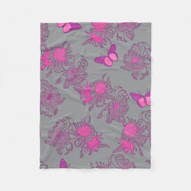 Polaire Couverture en molleton floral papillon rose gris c (Devant)