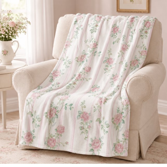Polaire Couverture en molleton floral Rose rose (elegant coquette pink rose floral stripe fleece blanket)