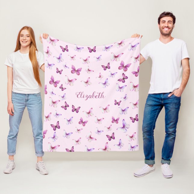 Polaire Couverture en molleton papillons roses personnalis (En situation)
