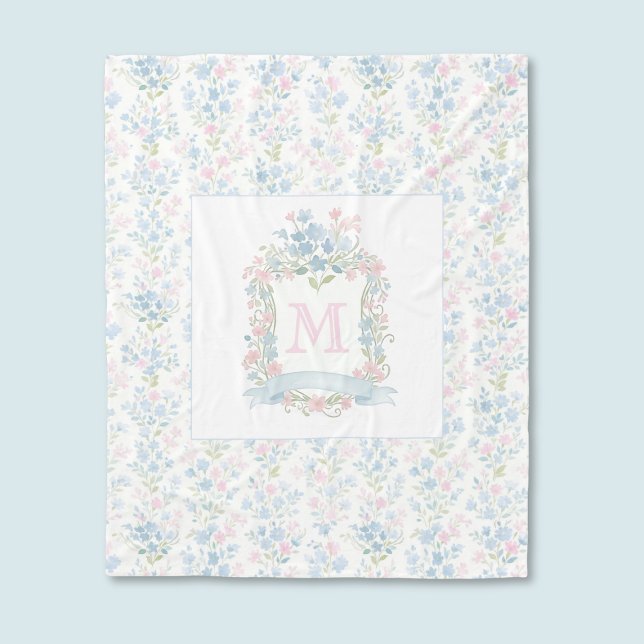 Polaire Couverture en molleton personnalisée à motif flora (vintage preppy coquette grandmillennial pastel floral fleece blanket with custom monogram initial)