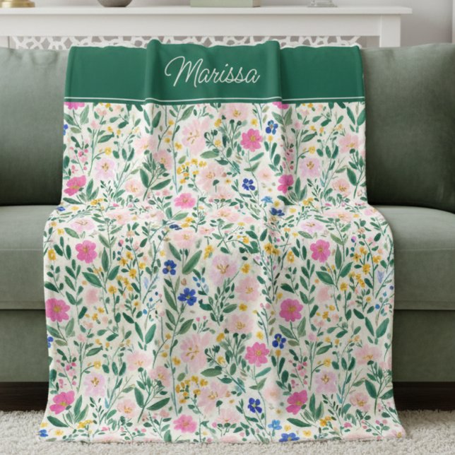 Polaire Couverture en molleton personnalisée florale color (cute colorful forest green floral pattern blanket with pink blue flowers and custom monogram name)