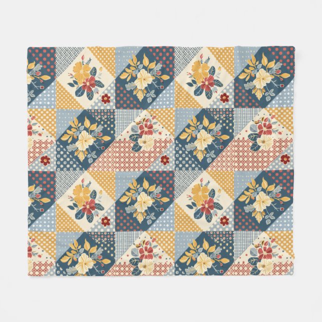 Polaire Couverture en patchwork gingham floral bleu jaune  (Devant (Horizontal))
