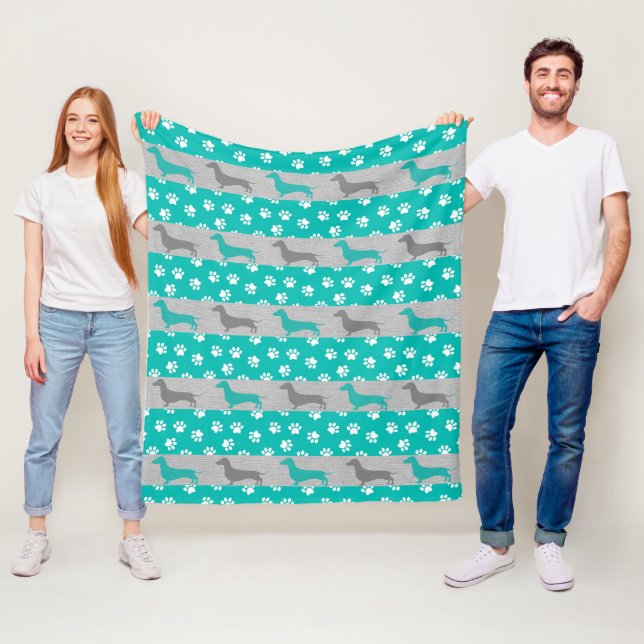 Polaire Couverture en toison turquoise et gris Dachshund (En situation)
