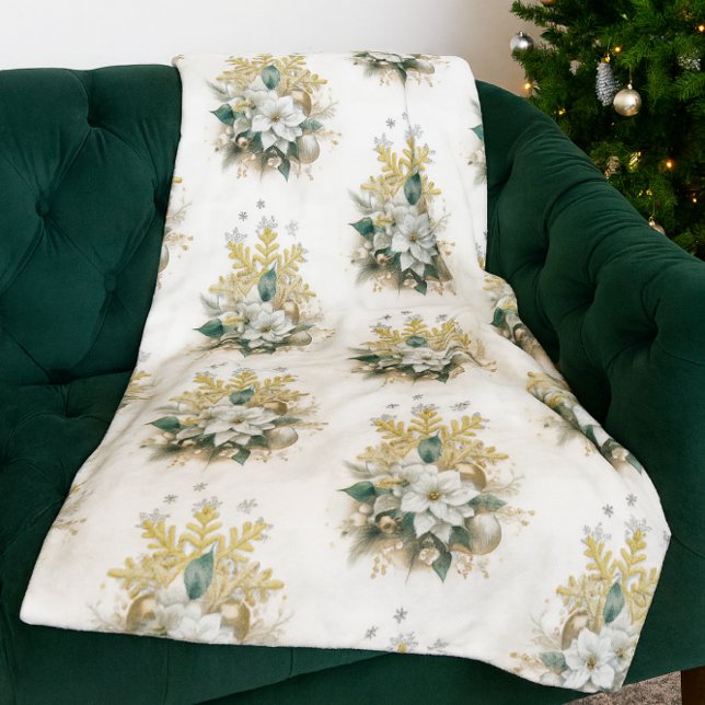 Polaire Couverture festive en molleton de Noël au poinsett (Elegant White Christmas fleece blanket with Gold snowflake and white poinsettia floral arrangement. )