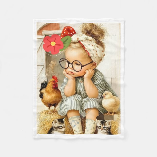 Polaire Couverture Fille de Ferme et Animaux Mignons (Devant)