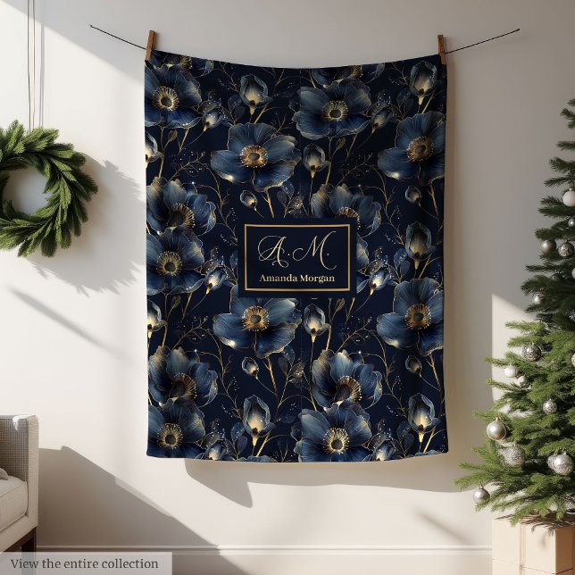 Polaire Couverture Fleurie Or Navy Moderne Nom Personnalis (Navy Gold Flower Blanket Modern Custom Name Style)