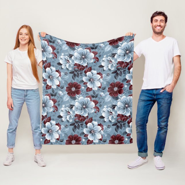 Polaire Couverture florale chic bleu Dusty et bordeaux (En situation)