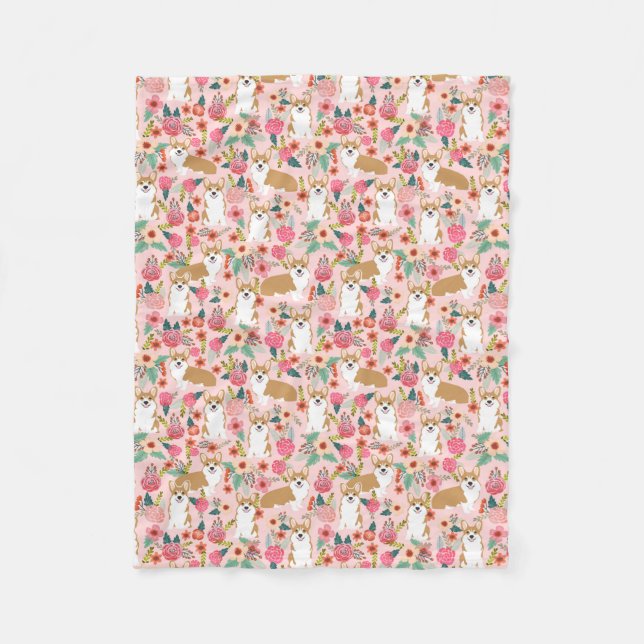 Polaire Couverture florale de corgi - rose (Devant)