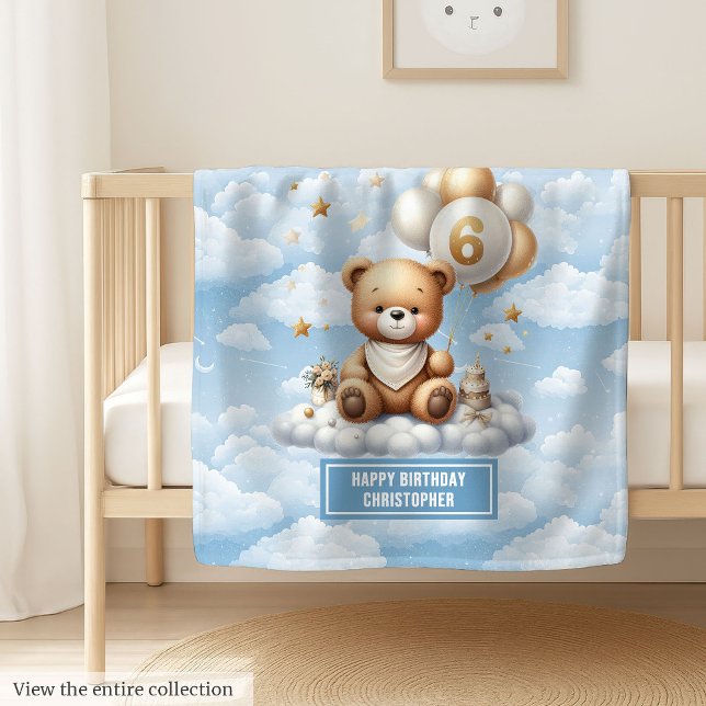 Polaire couverture garçon 6e anniversaire avec aquarelle t (6th birthday boy blanket with watercolor teddy)