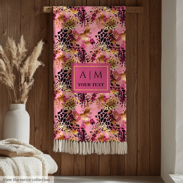 Polaire Couverture monogramme peau de léopard aquarelle ro (Lux pink watercolor leopard skin monogram blanket)
