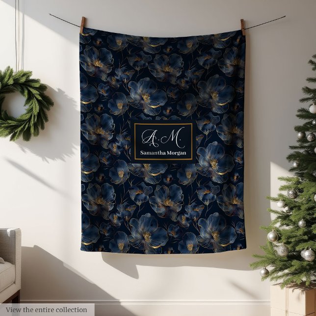 Polaire Couverture Navy Personnalisée Chic Fleurs Dorées C (Personalized Navy Blanket Chic Gold Flower Gift)
