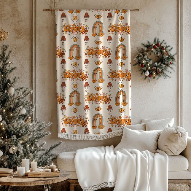 Polaire Couverture Pastel Rétro Groovy Arc-en-ciel et Cham (Retro Groovy Pastel Rainbows and Mushrooms Blanket)
