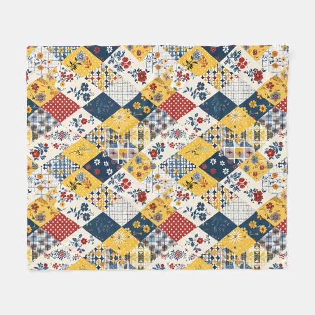 Polaire Couverture Patchwork Gingham Floral Bleu Jaune Rou (Devant (Horizontal))
