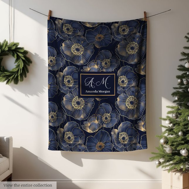 Polaire Couverture personnalisée Navy et Or Lux Fleurie Ca (Navy and Gold Lux Blanket Custom Name Floral Gift)