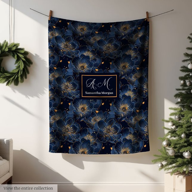 Polaire Couverture personnalisée Navy Gold Floral Throw Lu (Navy Gold Custom Blanket Lux Floral Throw Style)