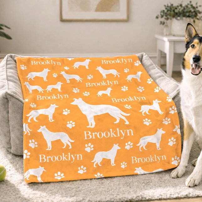 Polaire Couverture personnalisée pour chien Colley à poil  (Smooth hair collie - orange personalized blanket with name and fave color options. Example - large)