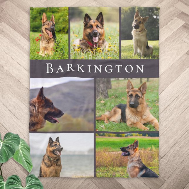 Polaire Couverture personnalisée souvenir multi-photo de c (A custom photo blanket featuring 7 of your own pet photos in a collage layout, with your pet's name)