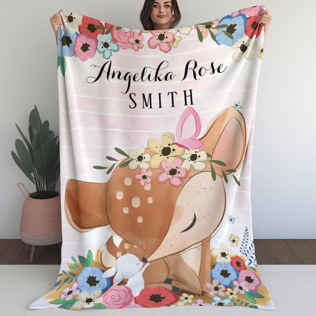 Polaire Couverture pour les filles avec Fleurs de Cerfs Fl (Blanket for Girls with Fawn Deer Flowers Stripes (L))