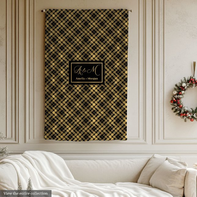 Polaire Couverture Tartan Personnalisée Accent d'Hiver Noi (Tartan Blanket Custom Black Gold Winter Accent)