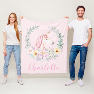 Polaire Couverture Unicorne rose avec aquarelle Unicorne
