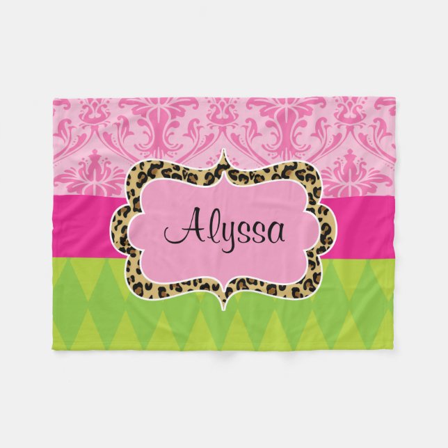 Polaire Couverture verte rose de jet de léopard de damassé (Devant (Horizontal))