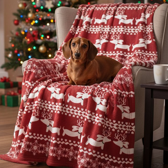 Polaire Dachshund Fair Isle Vilain Couverture Sweat de Noë (Dachshund Scandi-core Christmas blanket)