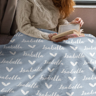 Polaire Dusty Blue Personnalisé Nom Couverture avec Coeurs