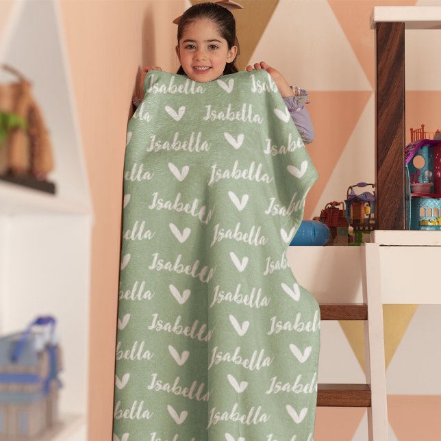 Polaire Dusty Green Personnalisé Nom Couverture avec Coeur (Créateur téléchargé)