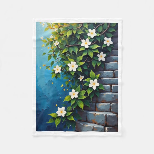 Polaire Fleurs blanches sur couverture bleue (Devant)