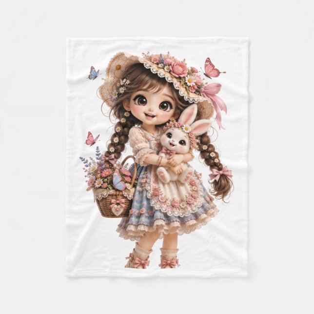 Polaire Jolie fille printanière avec couverture de lapin (Devant)